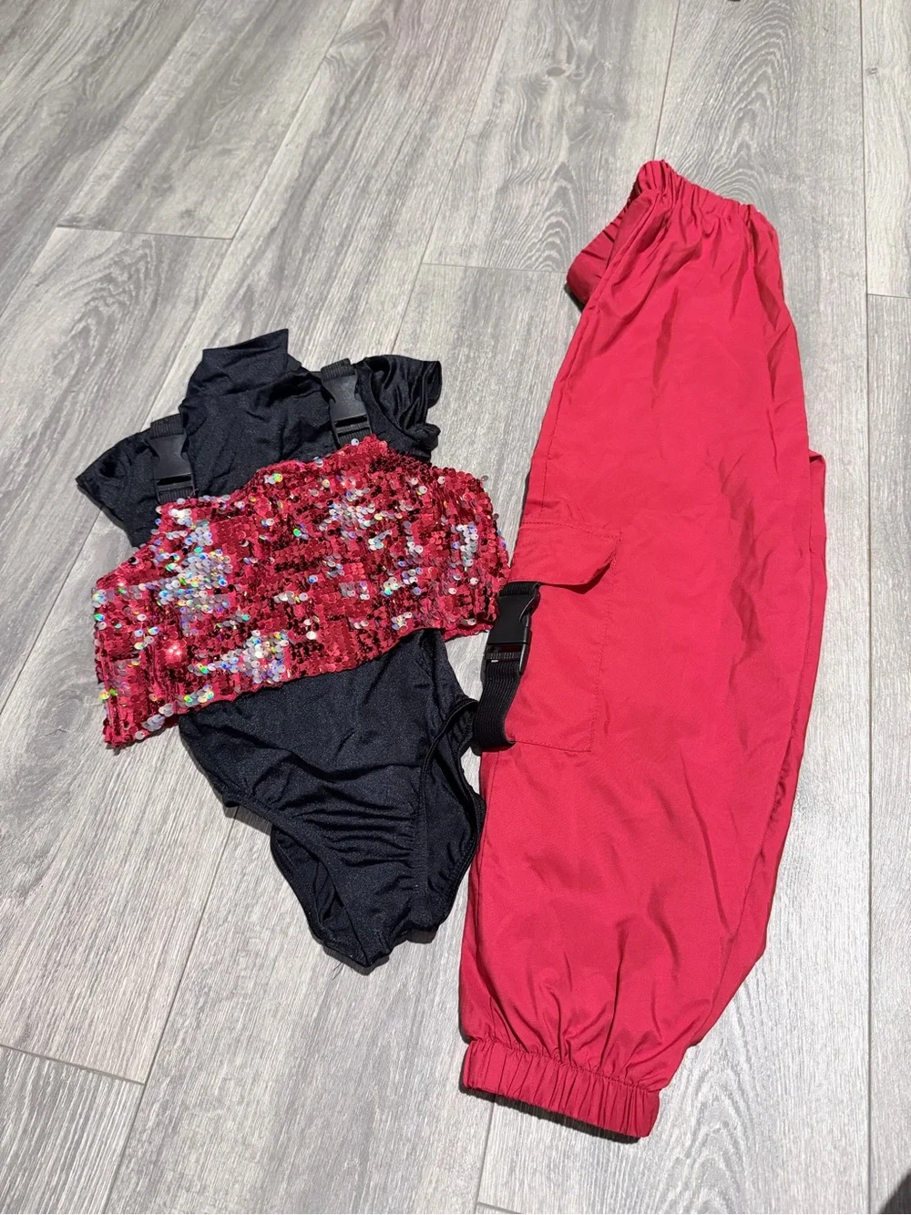 Girls Red Cargo Jogger Pants and Bodysuits with sequins top